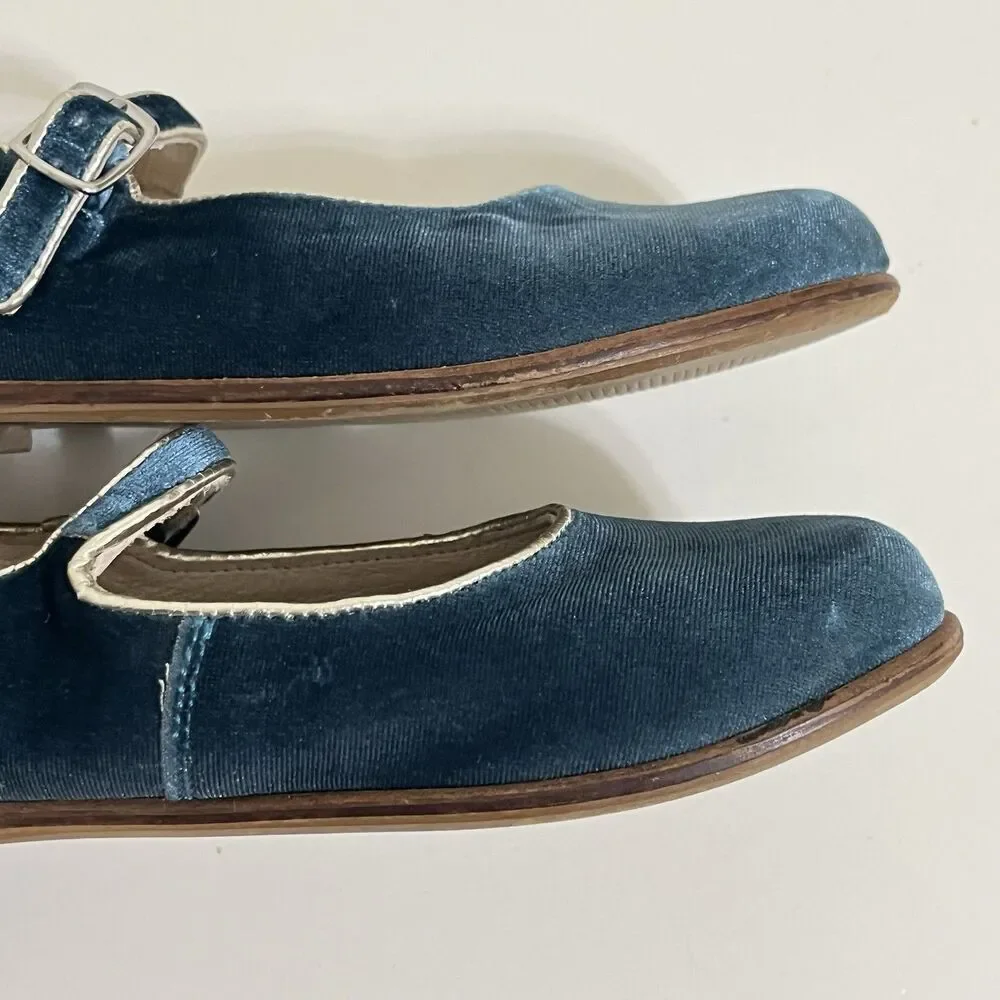 Mini Boden Blue Velvet Mary Jane Shoes Buckle Flats Girls Size 32 US 13.5
